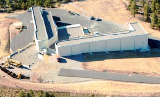 A large triangular building as seen from the sky.